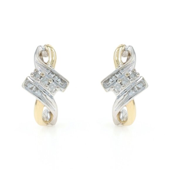 Yellow Gold Diamond Bypass J-Hook Earrings - 10k Round & Baguette .20ctw Pierced - Picture 1 of 4